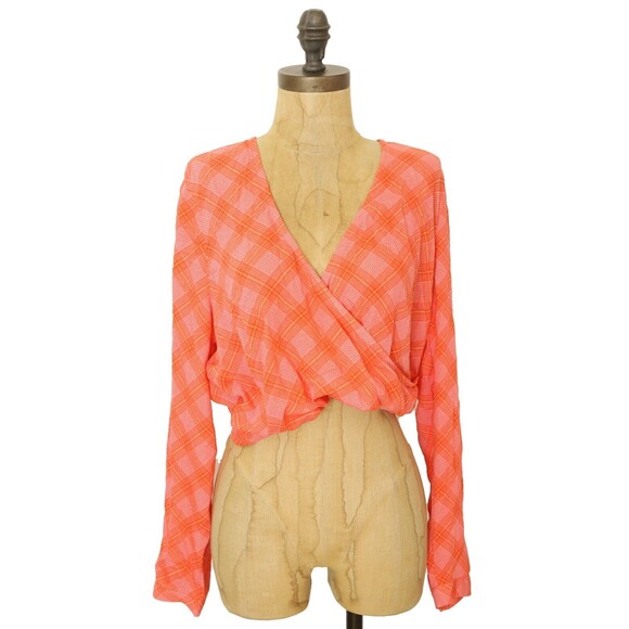 BP Nordstrom Wrap Surplice Crop Ian Bias Top L Orange Plaid Long Sleeve NEW B23 - Picture 2 of 6